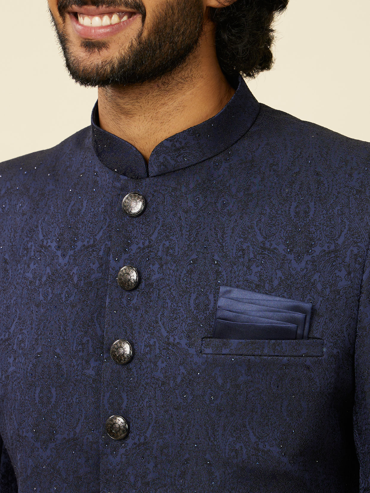 alt message - Manyavar Men Dark Blue Medallion Patterned Achkan Style Sherwani Set image number 1